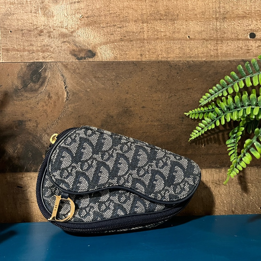 Dior Trotter Monogram Navy Blue and Gray Pouch Cosmetic Bag Case Gold CD Clutch